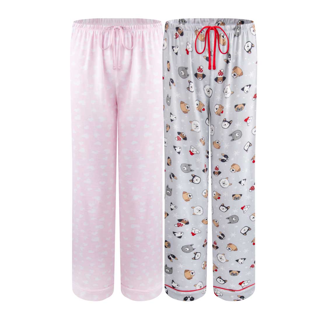 René Rofé 2 Pack Lounge Around Pajama Pants Pink Heart And Light Gray Dog