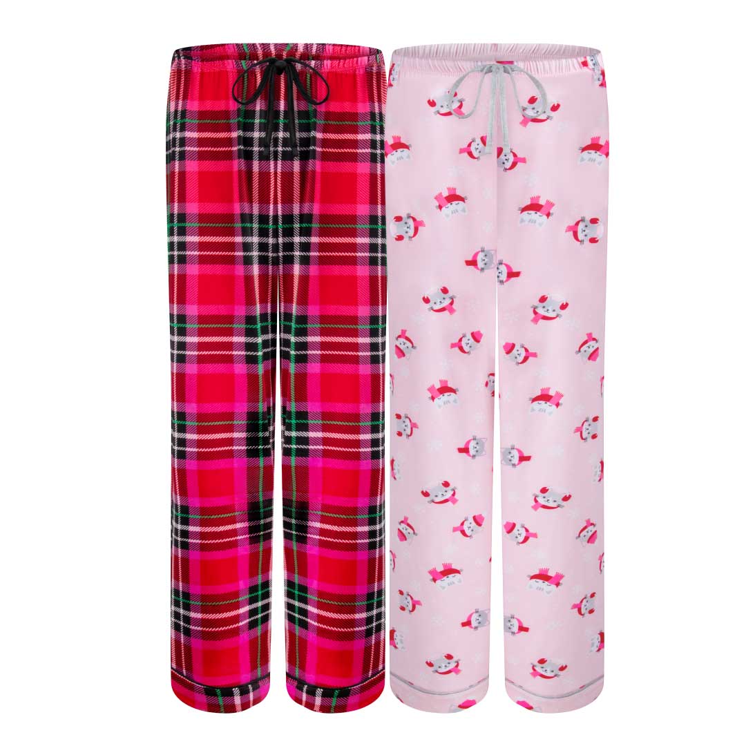 René Rofé 2 Pack Lounge Around Pajama Pants Red Plaid And Pink Cat