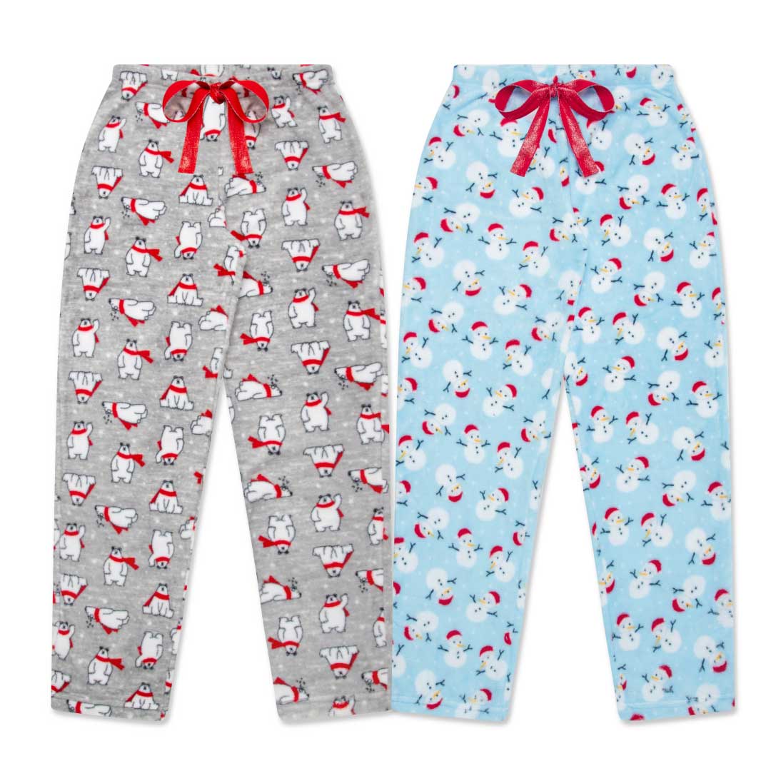 2-Pack Plush Fleece Pajama Pants In Gray Bears And Light Blue Snowman