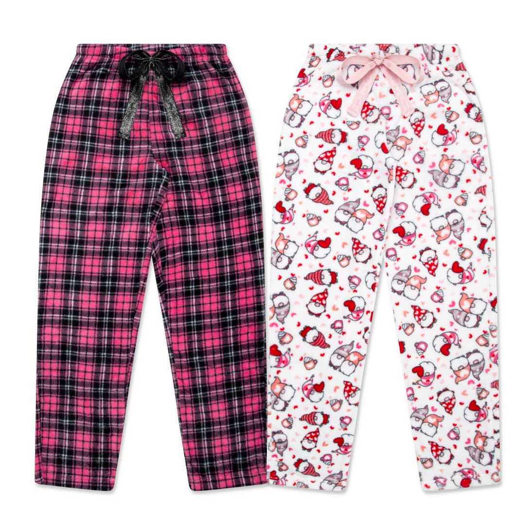 René Rofé 2 Pack Plush Fleece Pajama Pants In Hot Pink Plaid And Snowman