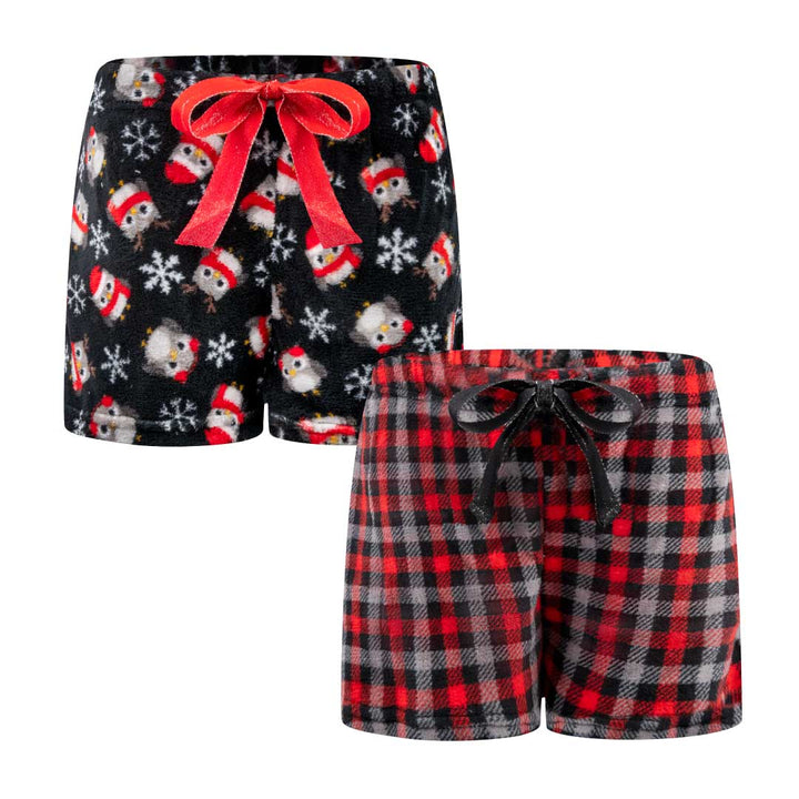René Rofé 2 Pack Plush Fleece Pajama Shorts In Black Owls And Red Plaid