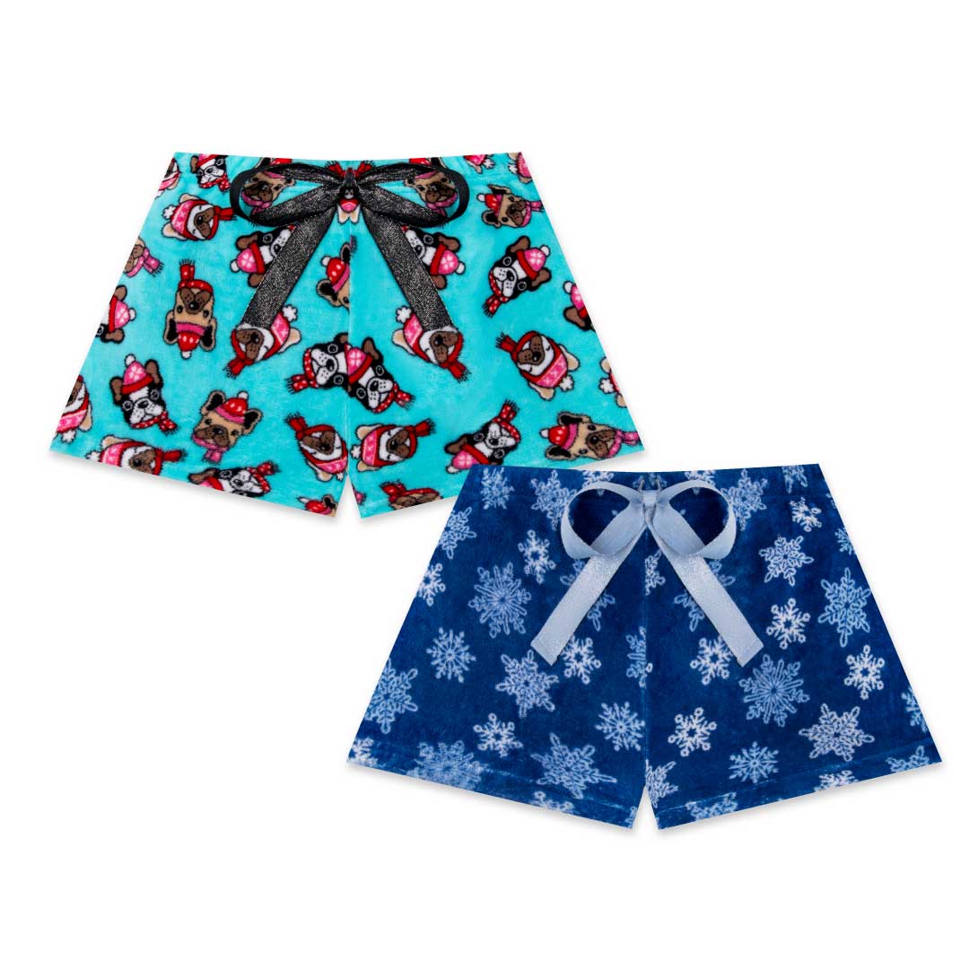 René Rofé 2 Pack Plush Fleece Pajama Shorts In Blue Snowflakes And Sky Blue Dogs