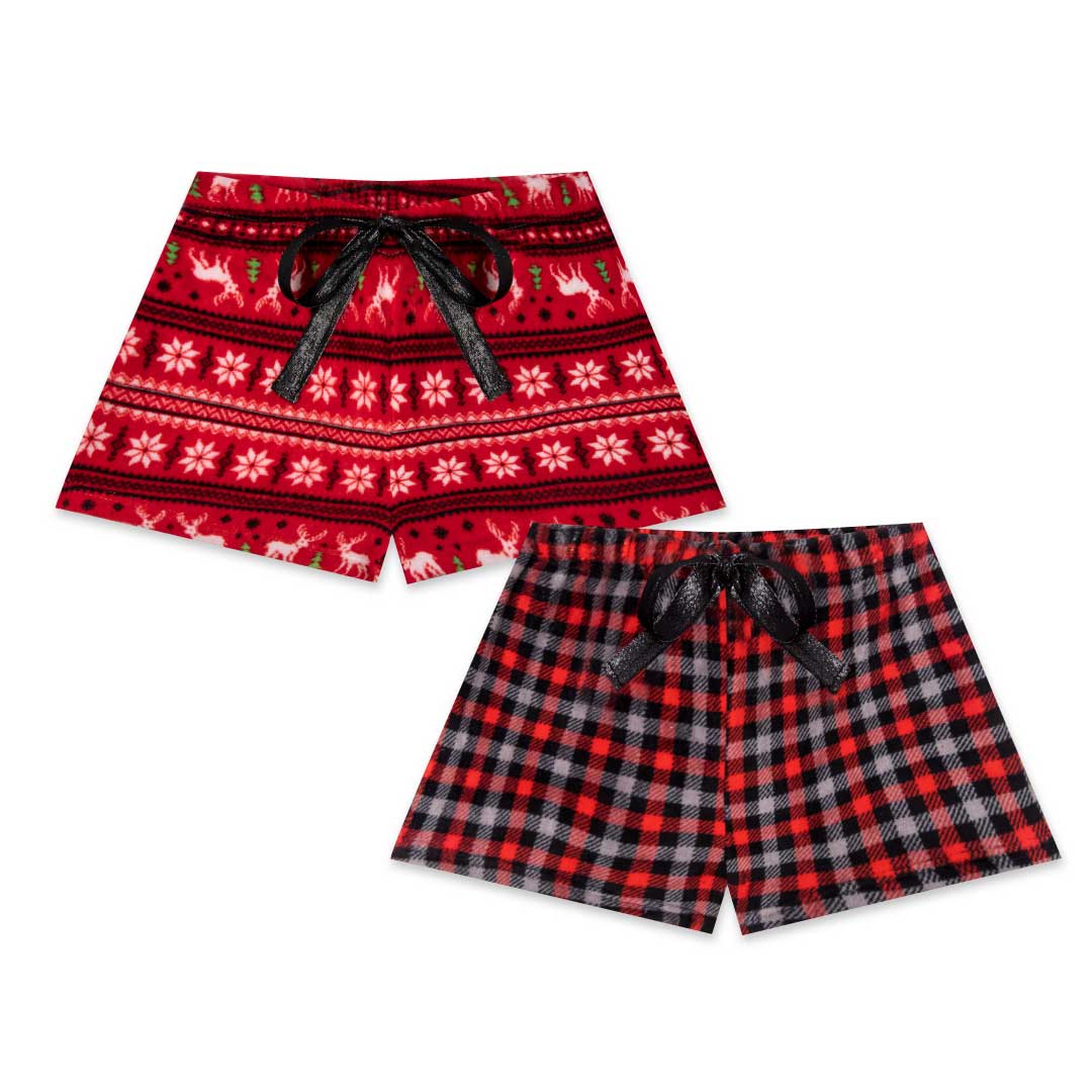 René Rofé 2 Pack Plush Fleece Pajama Shorts In Festive Red And Red Plaid