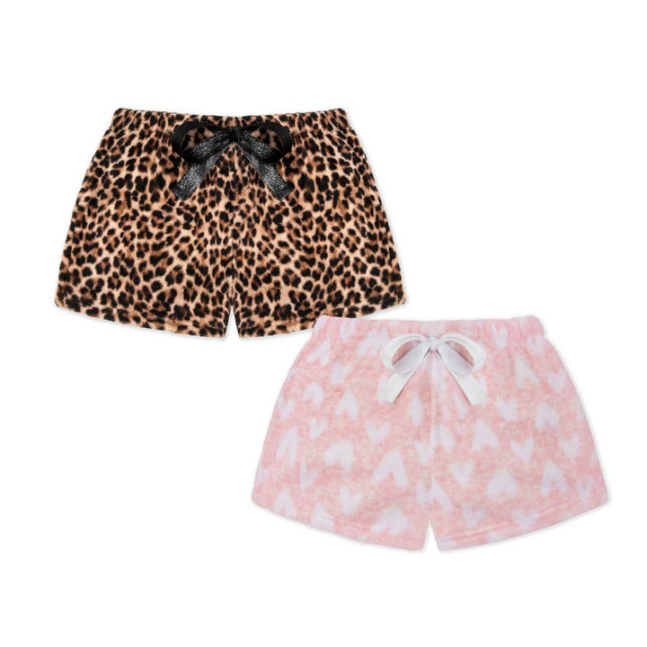 René Rofé 2 Pack Plush Fleece Pajama Shorts In Leopard And White Hearts