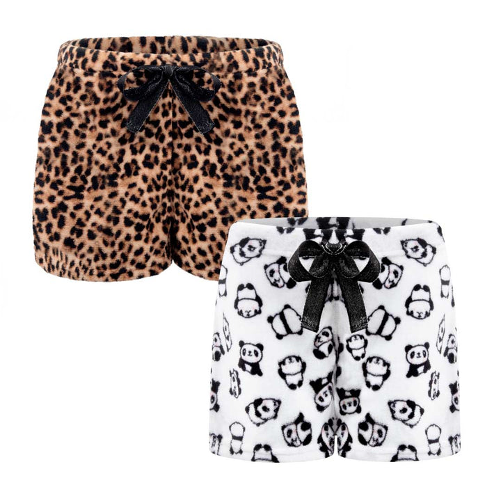 René Rofé 2 Pack Plush Fleece Pajama Shorts In Leopard And White Pandas