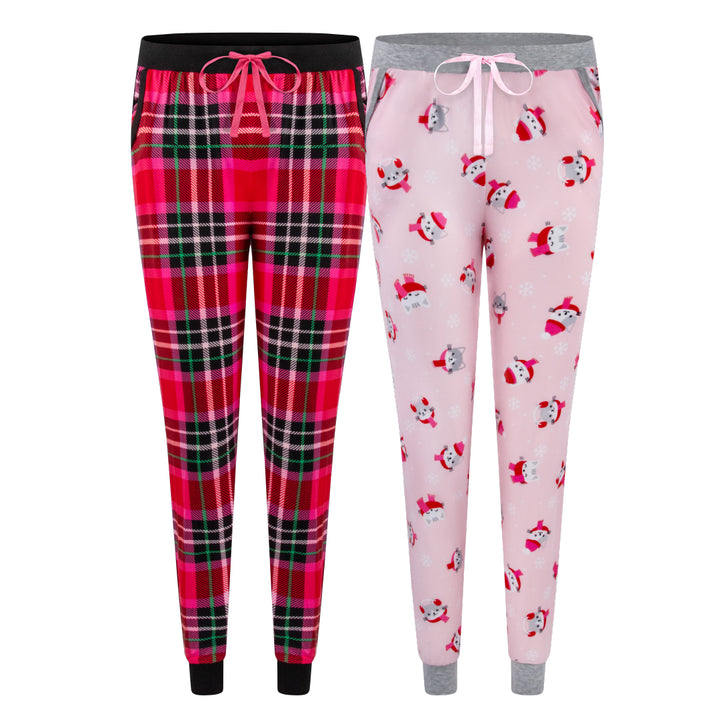 René Rofé Comfy Cozy Jogger Pajama Bottom In Red Tartan And Pink Cat