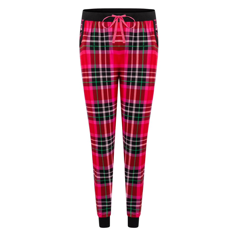 René Rofé Comfy Cozy Jogger Pajama Bottom In Red Tartan And Pink Cat