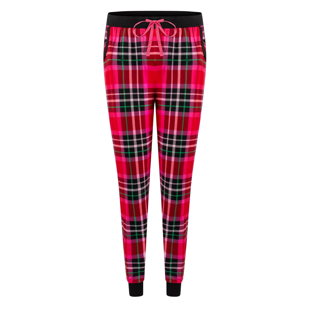 René Rofé Comfy Cozy Jogger Pajama Bottom In Red Tartan And Pink Cat