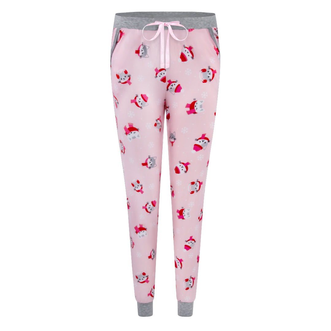 René Rofé Comfy Cozy Jogger Pajama Bottom In Red Tartan And Pink Cat