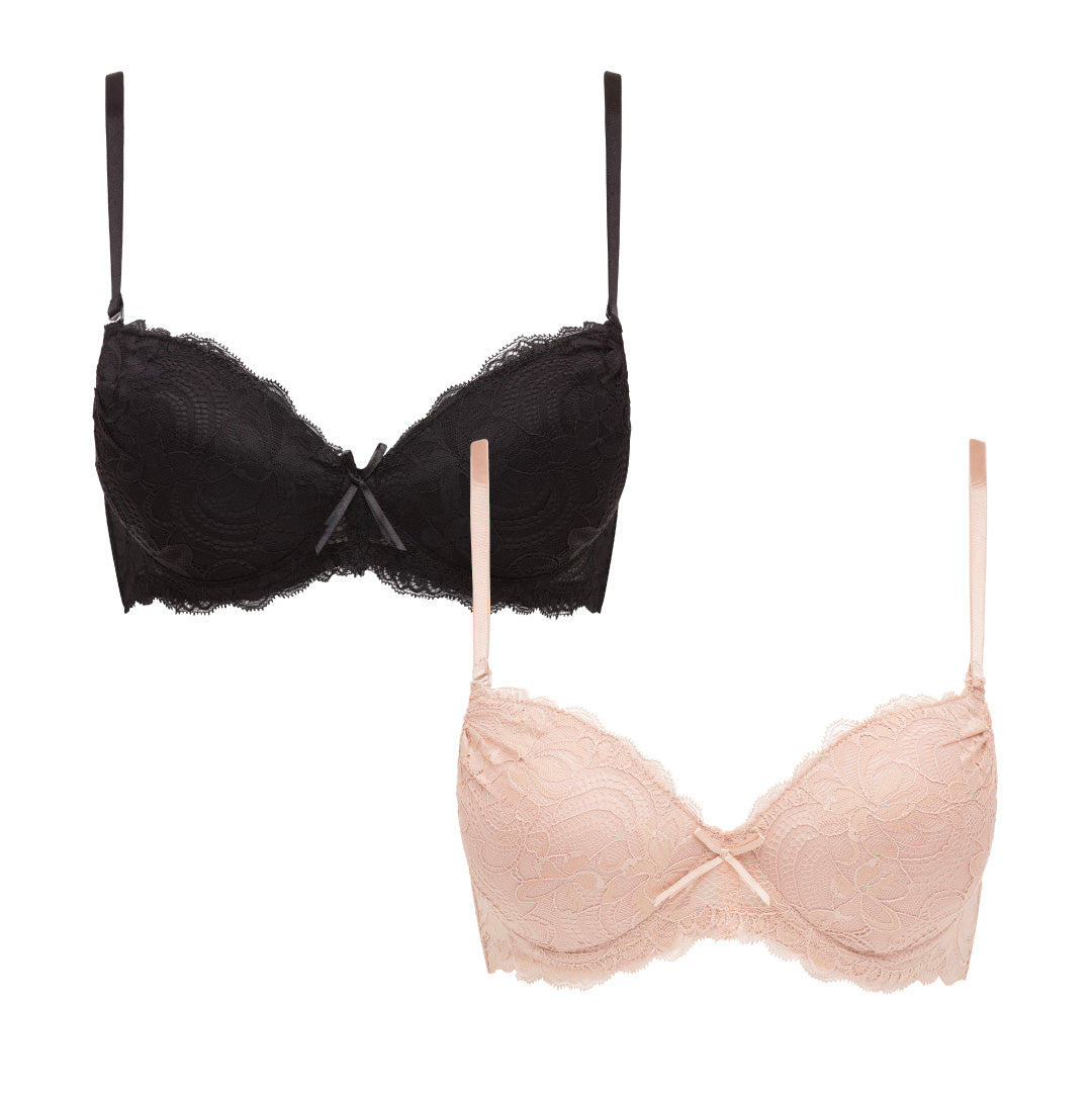 2 Pack Lace Push Up Bra Black/Nude