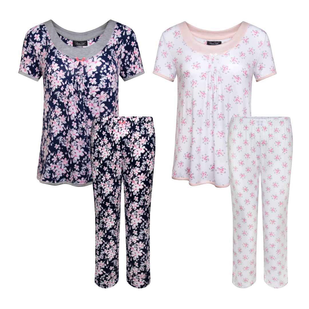 2 Pack Rayon Spandex Capri Set Pajamas - White & Navy Floral