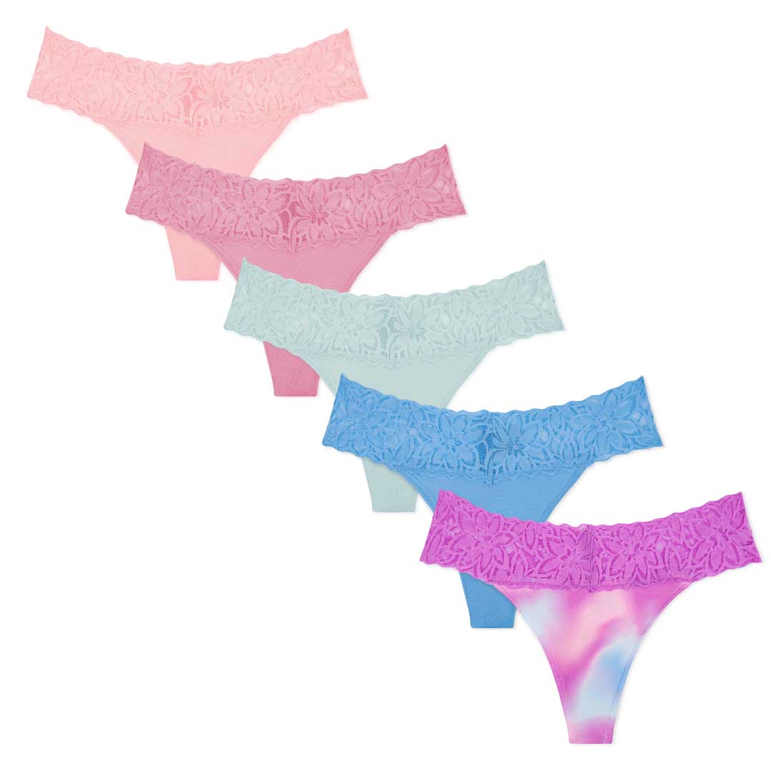 René Rofé 5 Pack Microfiber With Lace Thongs