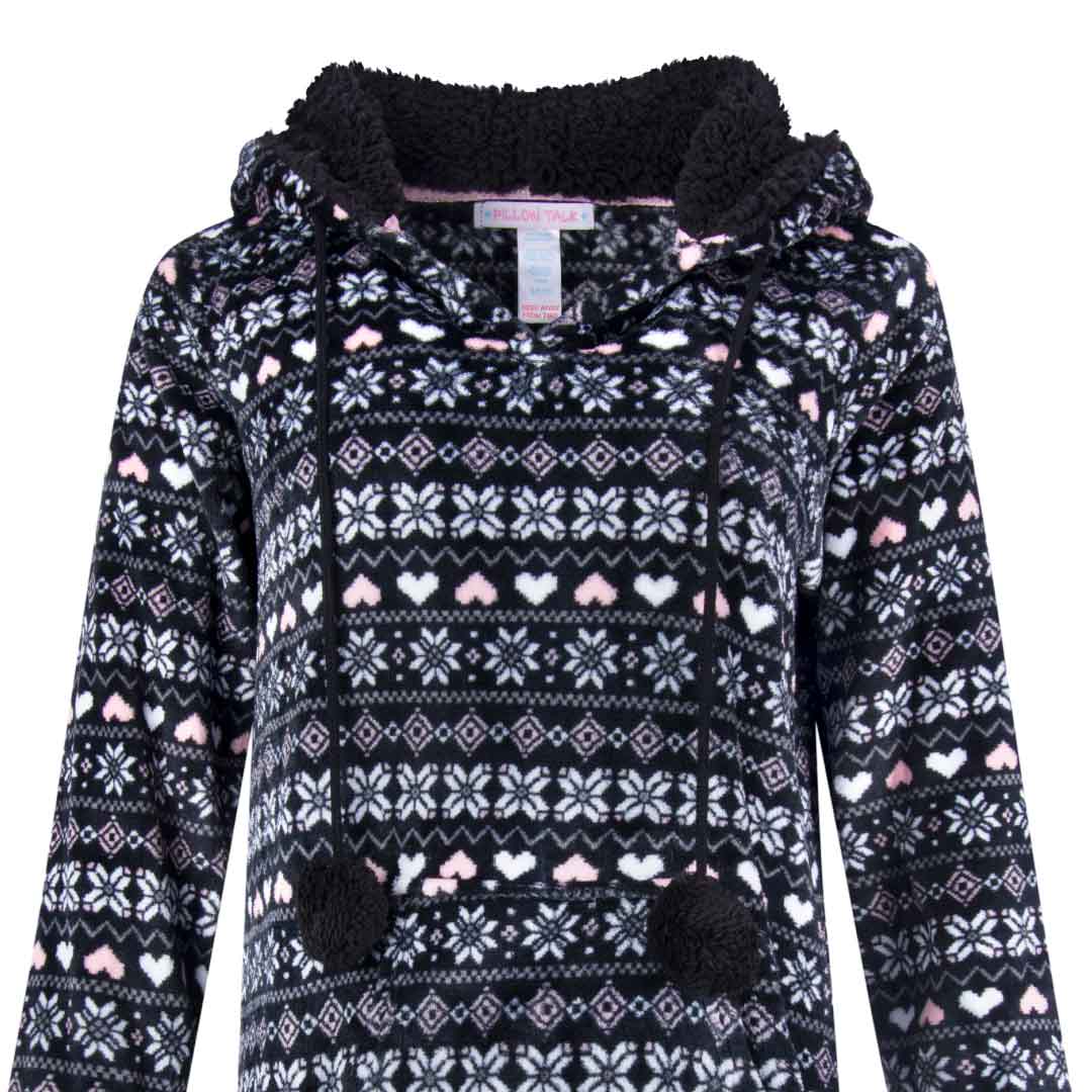 René Rofé Hoodie Fleece Pajama Sleepshirt Nightgown With Pom Poms