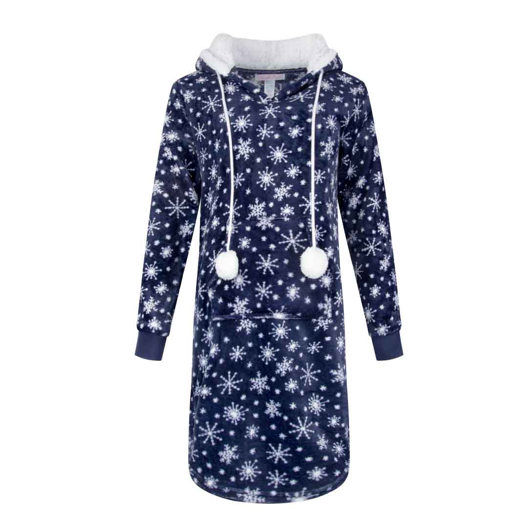 René Rofé Hoodie Fleece Pajama Sleepshirt Nightgown With Pom Poms