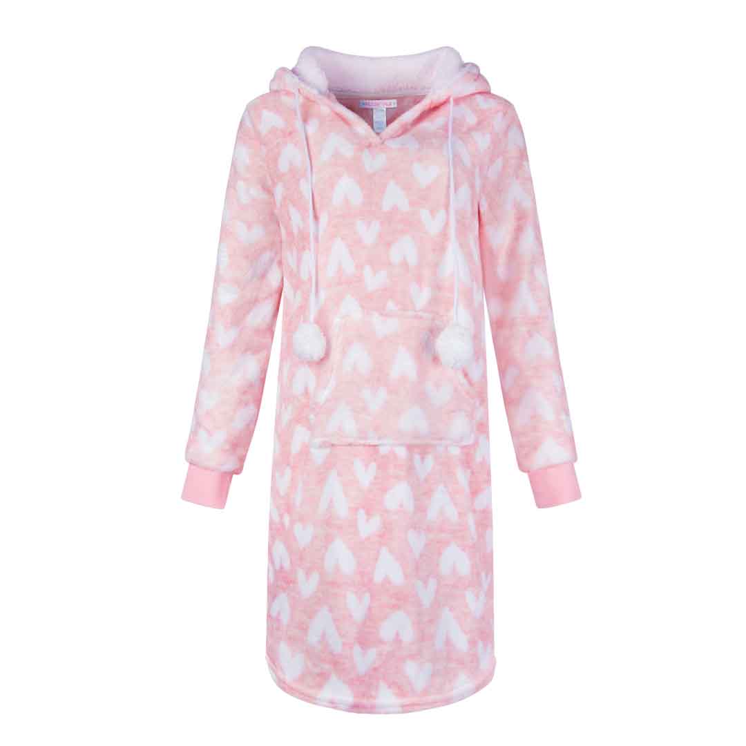 René Rofé Hoodie Fleece Pajama Sleepshirt Nightgown With Pom Poms