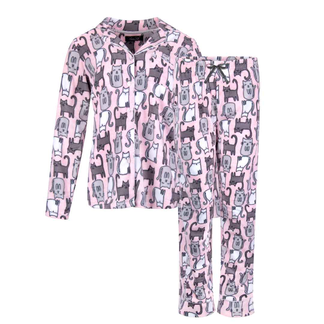 René Rofé Womens Microfleece Button Up Pajama Gift Set With Notch Collar