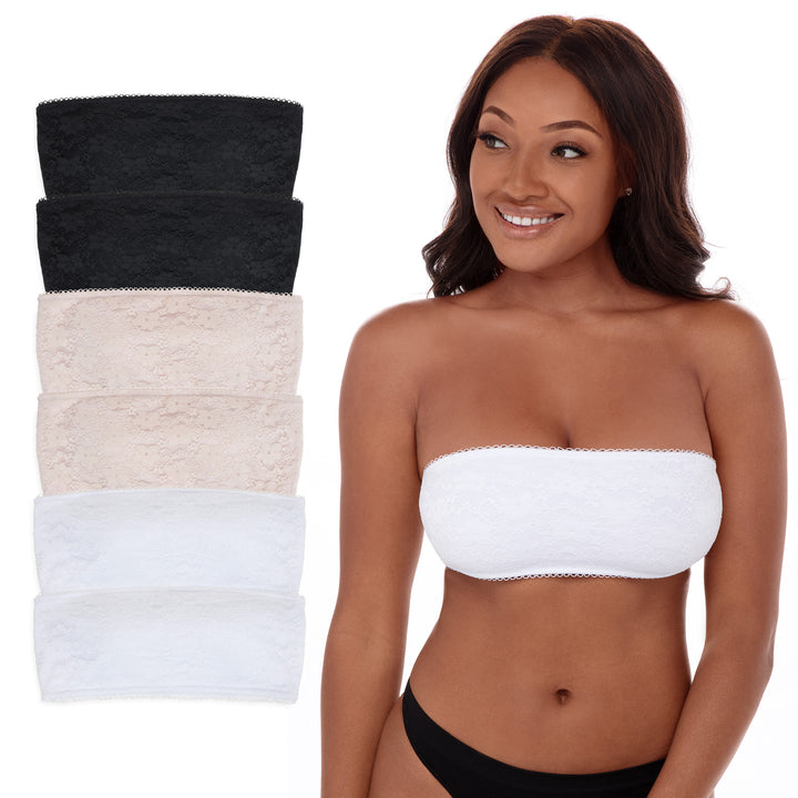 René Rofé Rene Rofe Lingerie 6 Pack Womens Bandeau Bra Removable Pads Lace Strapless Chest Wrap Bralette Tube Top Bra