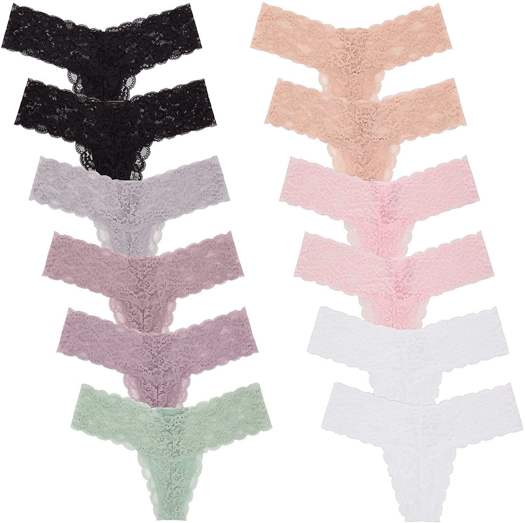 René Rofé Rene Rofe Lingerie Womens 12 Pack Low Waist See Through Sexy Cheeky Lace Thong