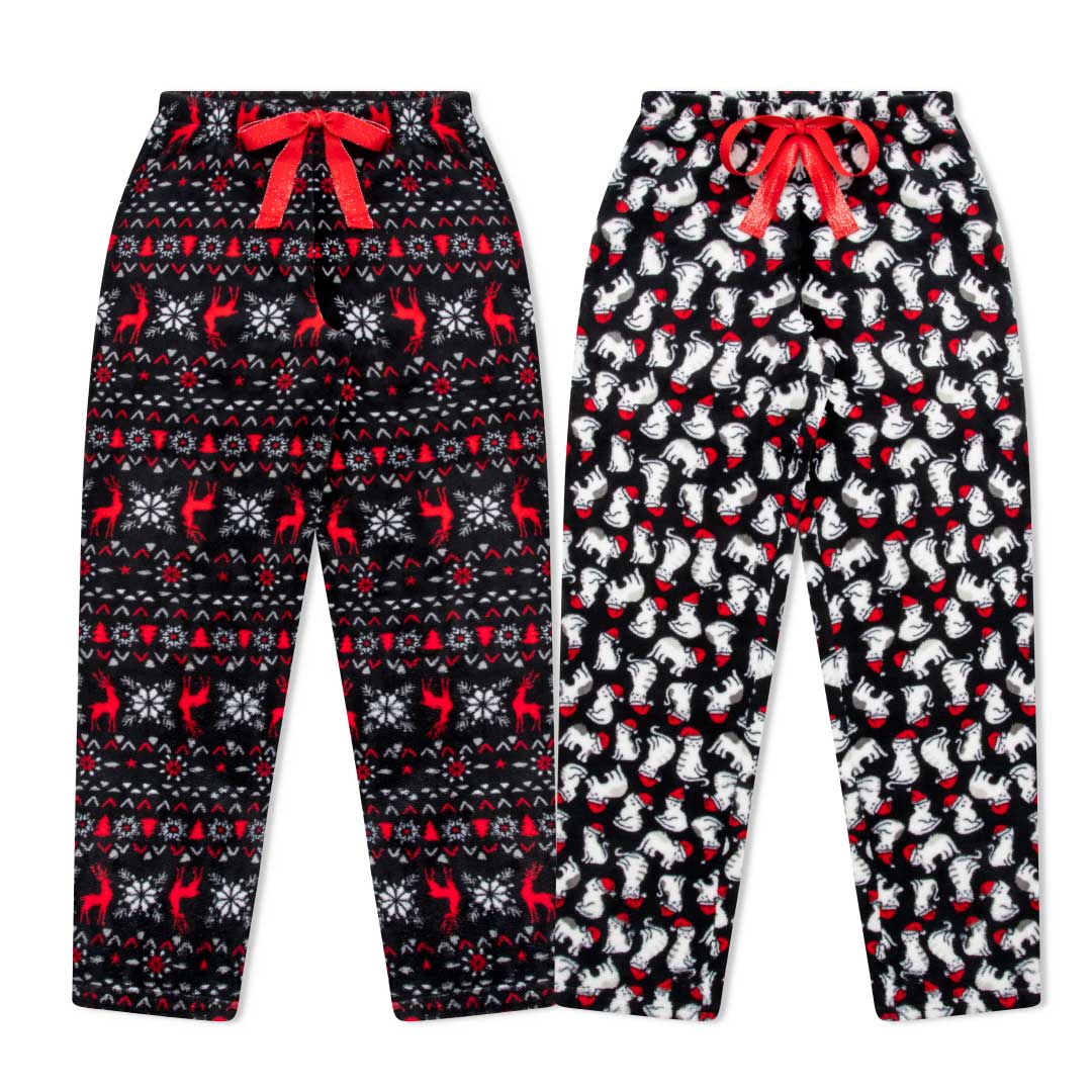 René Rofé 2 Pack Plush Fleece Pajama Pants In Festive Deers And White Cats