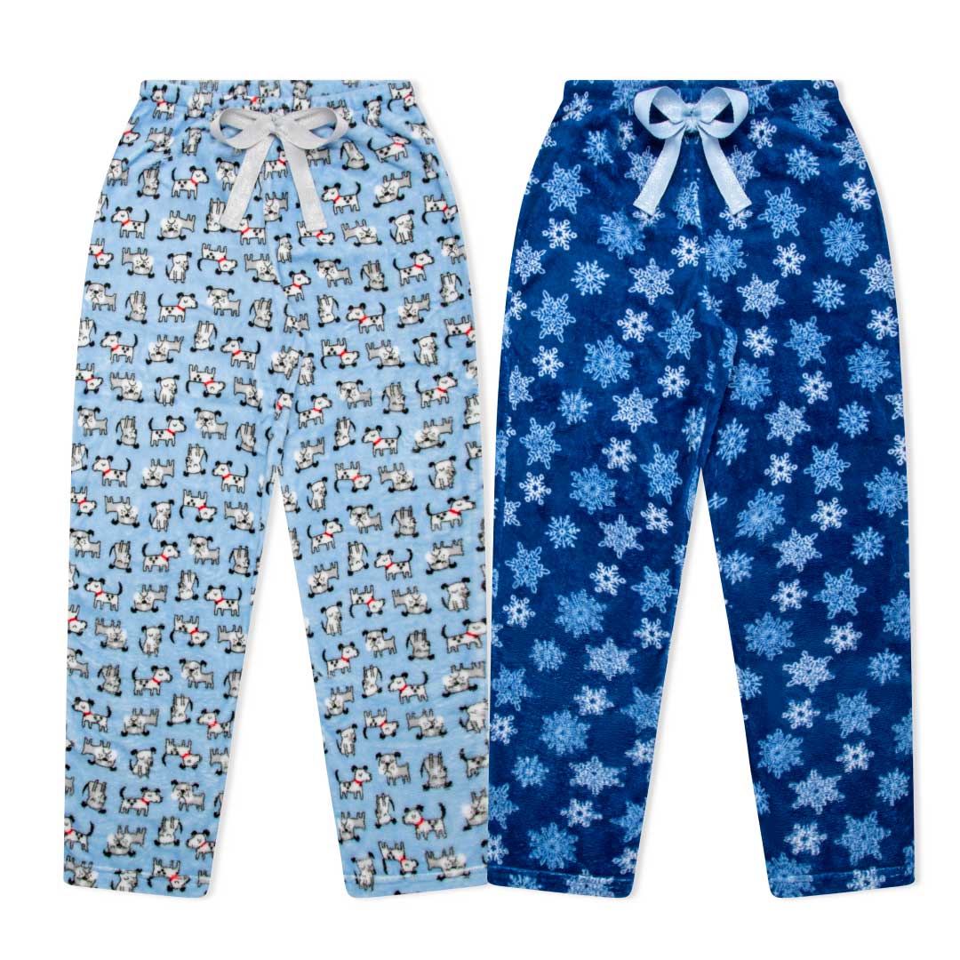 René Rofé 2 Pack Plush Fleece Pajama Pants In Light Blue Dogs And Blue Snowflakes