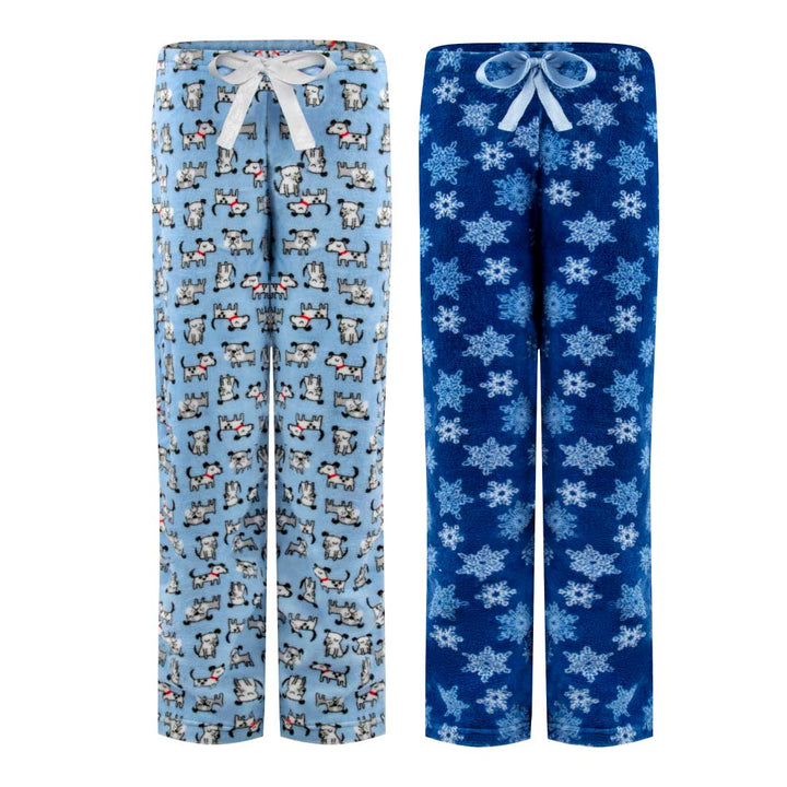 2-Pack Plush Fleece Pajama Pants In Light Blue Dogs And Blue Snowflakes
