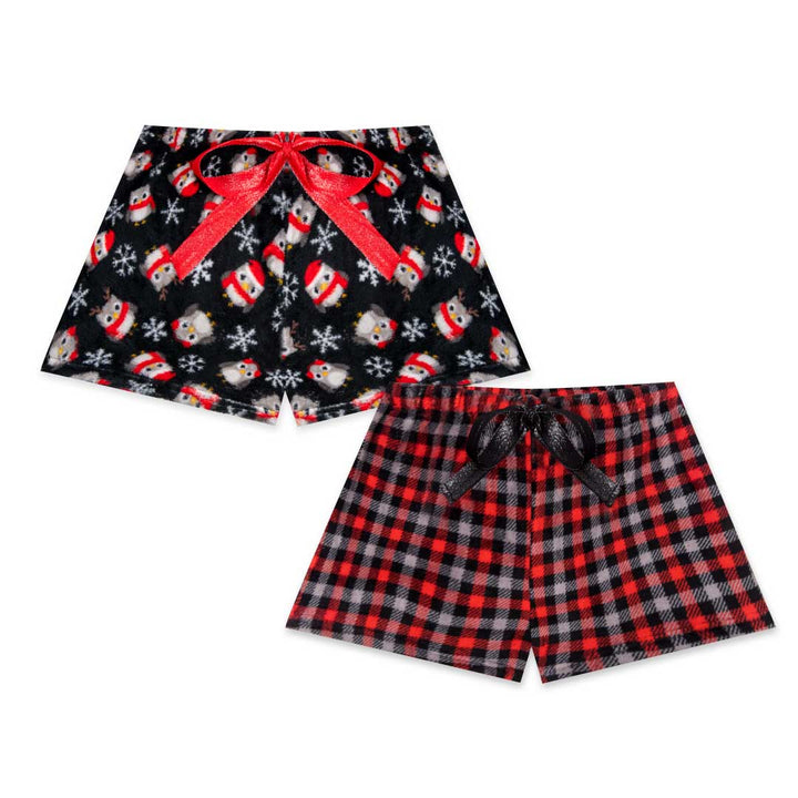 René Rofé 2 Pack Plush Fleece Pajama Shorts In Black Owls And Red Plaid