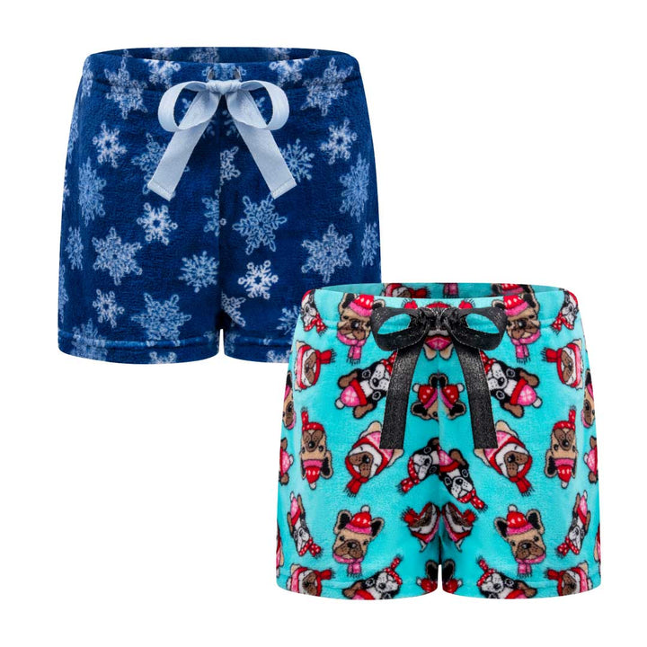 René Rofé 2 Pack Plush Fleece Pajama Shorts In Blue Snowflakes And Sky Blue Dogs