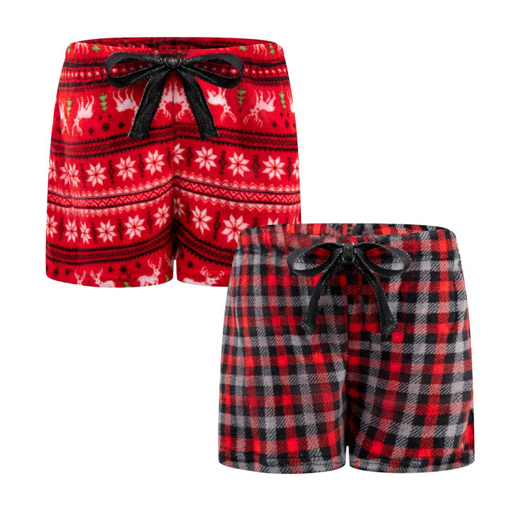 René Rofé 2 Pack Plush Fleece Pajama Shorts In Festive Red And Red Plaid