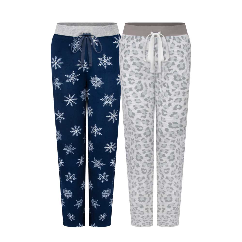 René Rofé 2 Pack Womens Velour Pajama Pants Blue Snowflakes and Gray Leopard