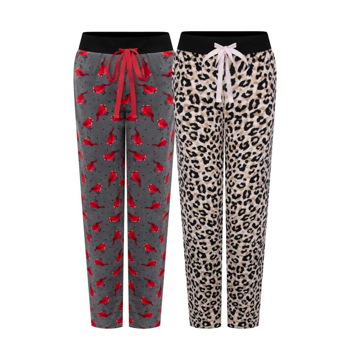 René Rofé 2 Pack Womens Velour Pajama Pants Red Bird and Leopard