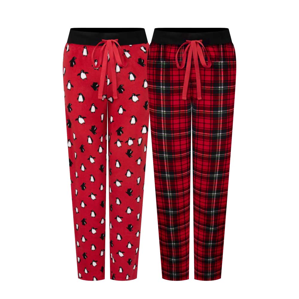 René Rofé 2 Pack Womens Velour Pajama Pants Red Penguin and Red Plaid