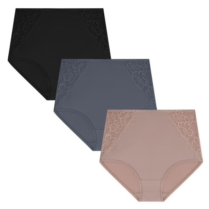 René Rofé 3 Pack Shaping Lace Accented Briefs In Black, Slate Blue, Brown