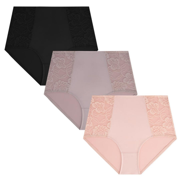 René Rofé 3 Pack Shaping Lace Accented Briefs In Black, Driftwood Gray, Peach