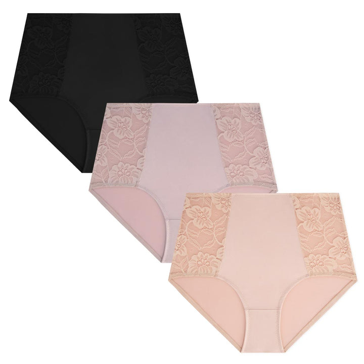 René Rofé 3 Pack Shaping Lace Accented Briefs In Black, Lavender Mist, Peach