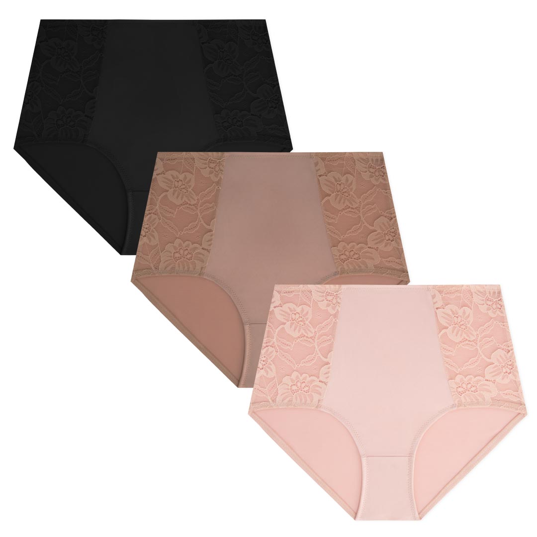 René Rofé 3 Pack Shaping Lace Accented Briefs In Black, Brown, Lace Peach