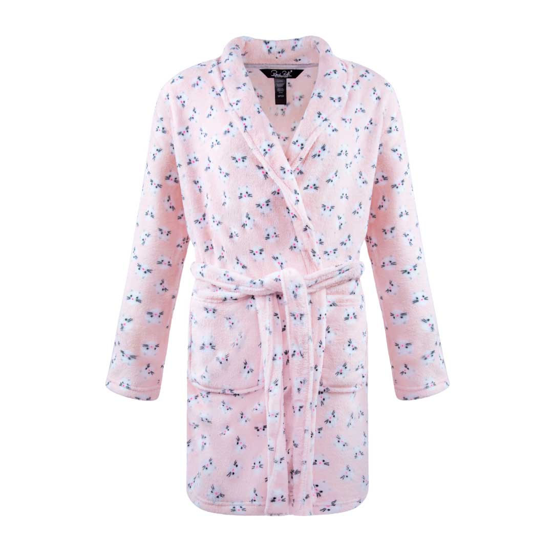 René Rofé 36 Inch Plush Robe In White Cats On Pink
