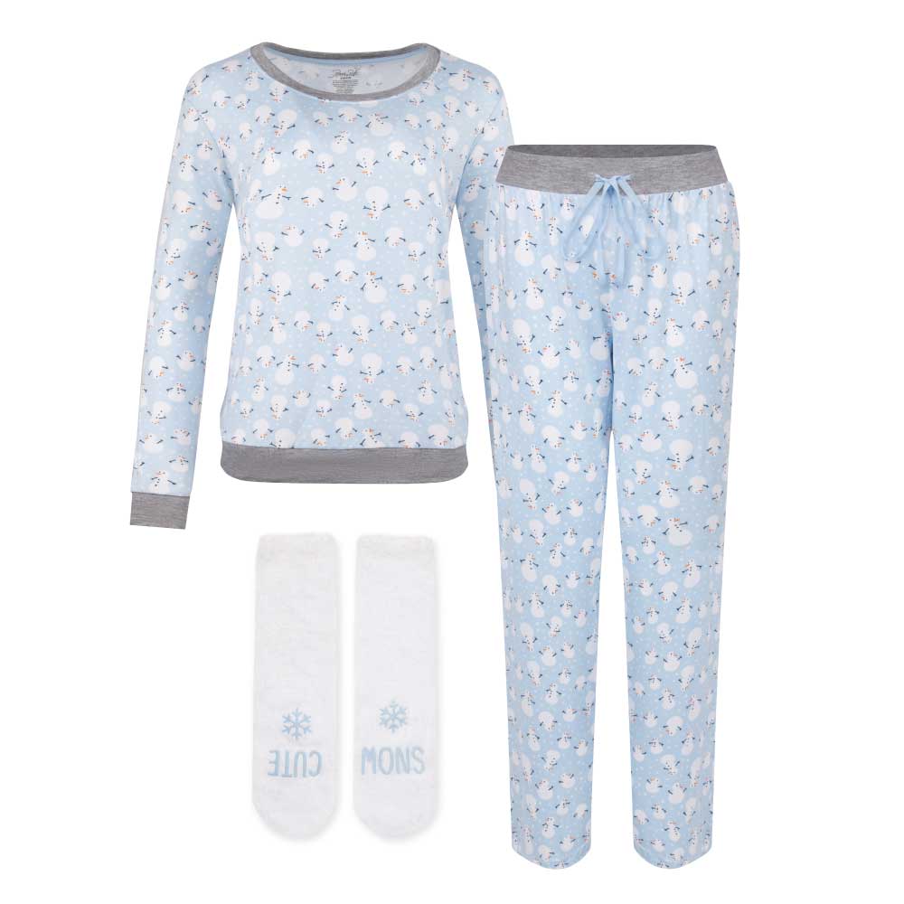 René Rofé Butter Soft Long Sleeve Pajama Set with Matching Socks Blue with Snowman