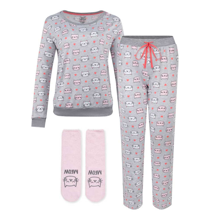 René Rofé Butter Soft Long Sleeve Pajama Set with Matching Socks Gray with Cats