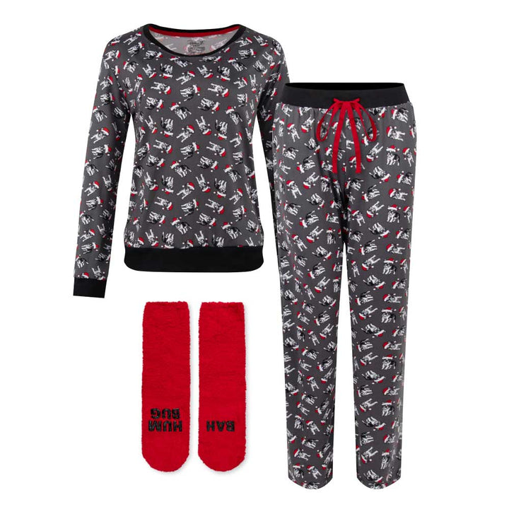 René Rofé Butter Soft Long Sleeve Pajama Set with Matching Socks Gray with Dogs