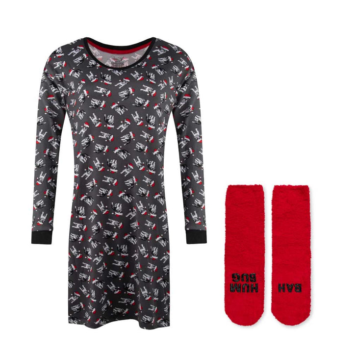 René Rofé Butter Soft Sleepshirt with Matching Socks Black with Dogs