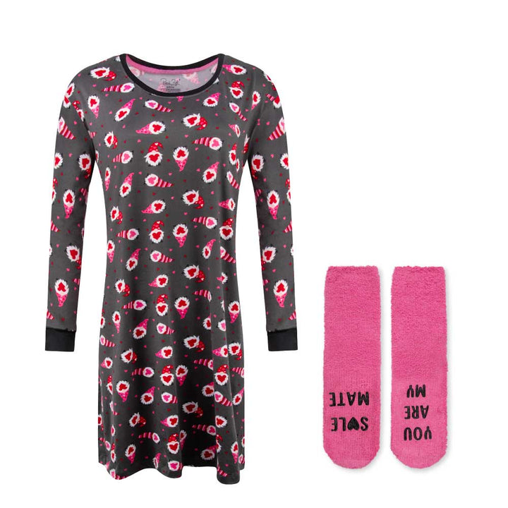 René Rofé Butter Soft Sleepshirt with Matching Socks Black with Hearts