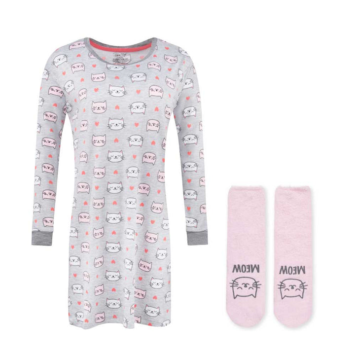 René Rofé Butter Soft Sleepshirt with Matching Socks Gray with Cats