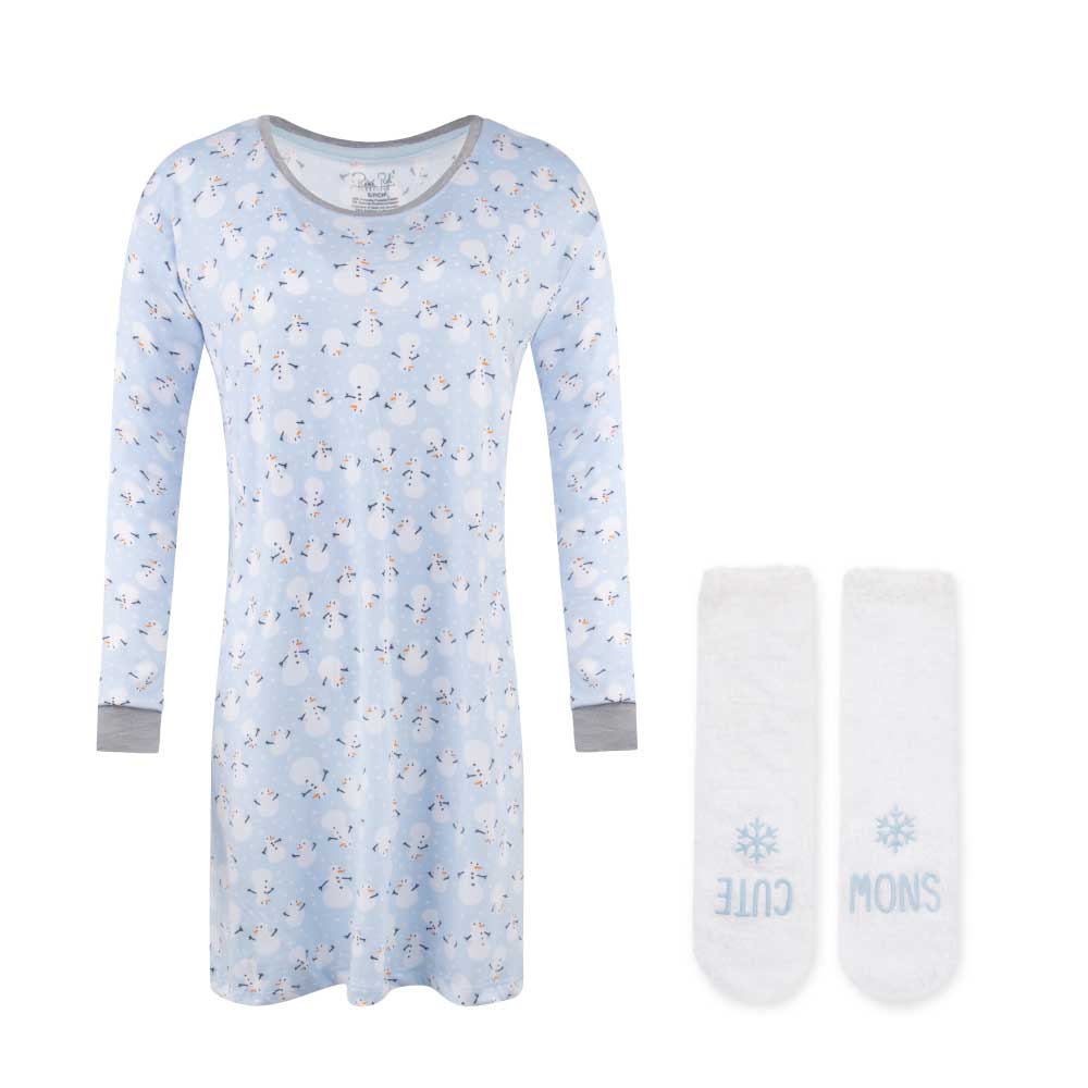René Rofé Butter Soft Sleepshirt with Matching Socks Light Blue with Snowman