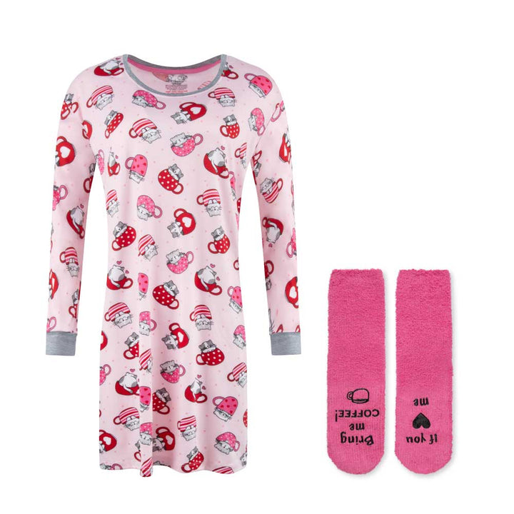 René Rofé Butter Soft Sleepshirt with Matching Socks Pink with Cats