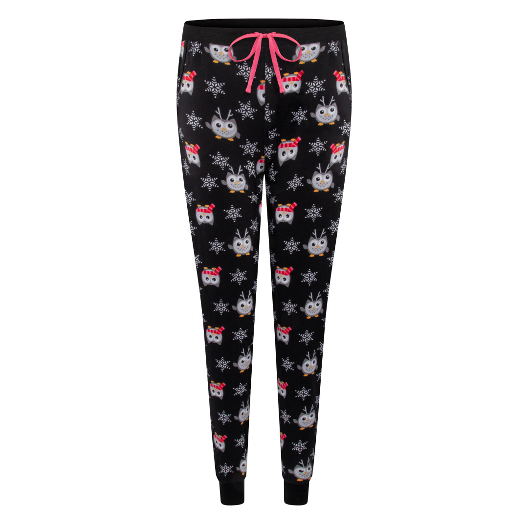 René Rofé Comfy Cozy Jogger Pajama Bottom In Black Owl And Heather Gray Cat