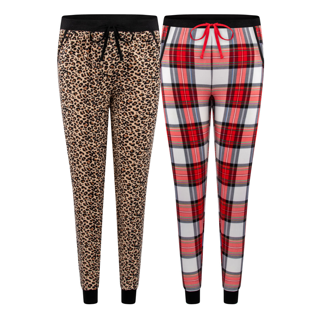 René Rofé Comfy Cozy Jogger Pajama Bottom In Leopard And Red Tartan