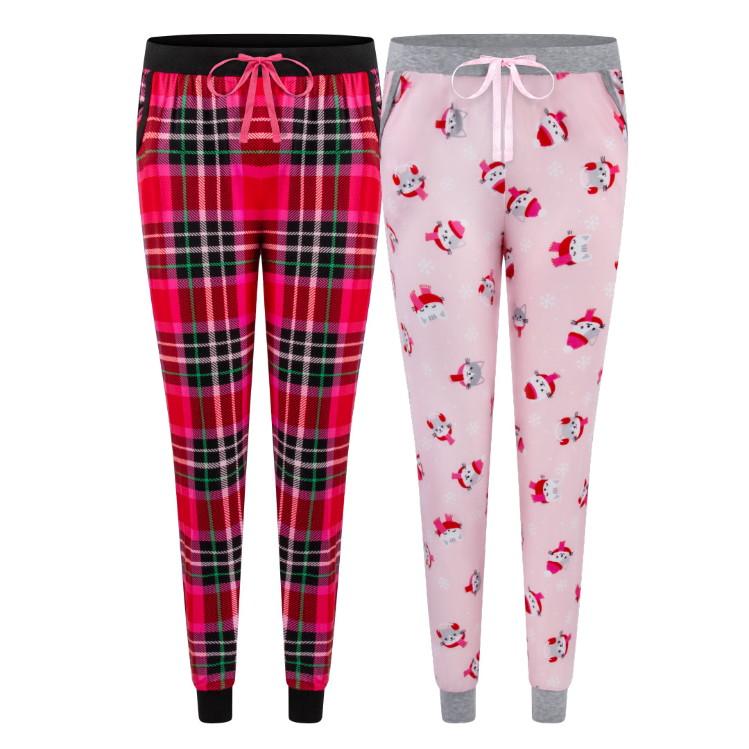 René Rofé Comfy Cozy Jogger Pajama Bottom In Red Tartan And Pink Cat