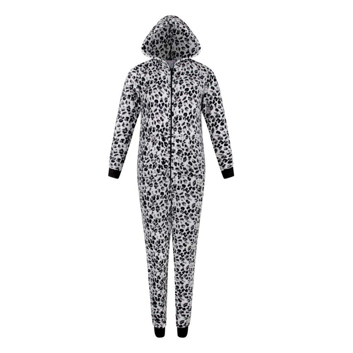 René Rofé Hooded Plush Pajama Jumpsuit (Zip Up Onesie) in Black and Gray Leopard