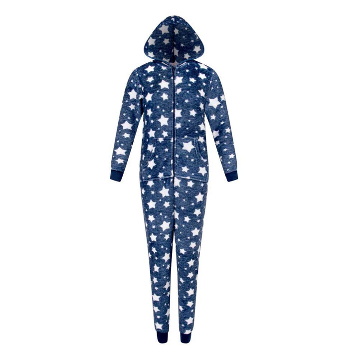 René Rofé Hooded Plush Pajama Jumpsuit (Zip Up Onesie) in Blue Stars