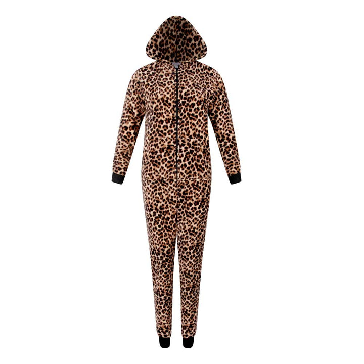 René Rofé Hooded Plush Pajama Jumpsuit (Zip Up Onesie) in Brown Leopard